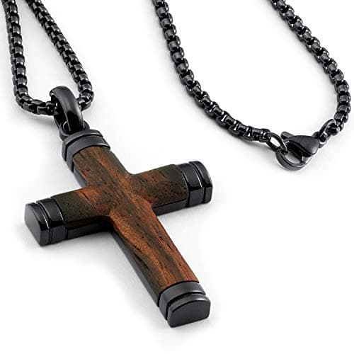 Metal Masters Co. Black Stainless Steel Cross Pendant with Real Santos Wood Necklace, 24" Round Box Chain
