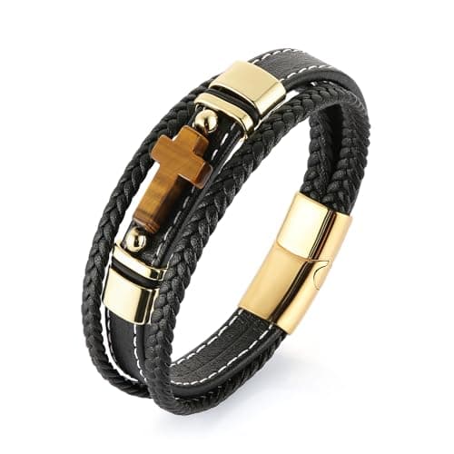 HZMAN Hand-Woven Genuine Leather Tiger Eye Cross Bracelets for Men