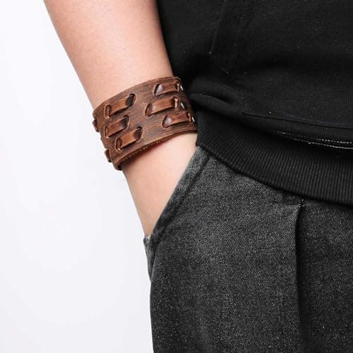 Genuine Leather Punk Bracelets for Men - Handmade Wide Cuff Wristband Jewelry Gift