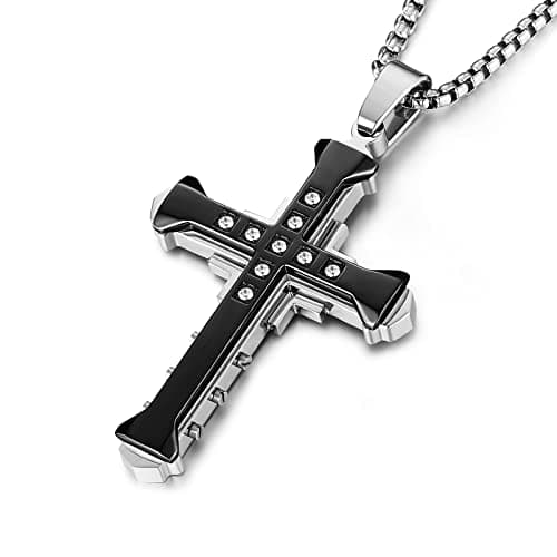 HZMAN Men's Large Byzantium Cross Necklace with Cubic Zirconia 22+2inch Chain