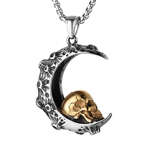 HZMAN Gothic Retro Moon Crescent Skull Stainless Steel Pendant Necklace