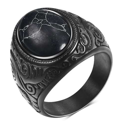 Retro Turquoise Stone Rings for Men, Stainless Steel Signet Biker Band