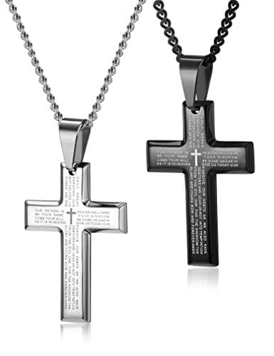 LOYALLOOK 2pcs Men's Stainless Steel Silver Tone Cross Pendant Necklace 24"