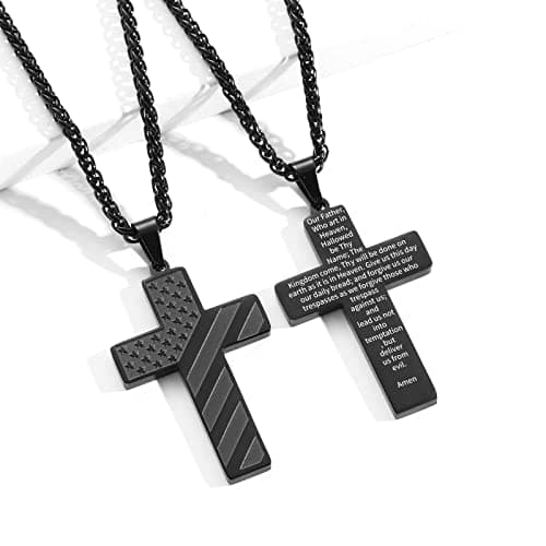DuoDiner 24 Inch Cross Necklace for Men Boys Kids - Bible Verse American Flag Pendant Baptism First Communion Graduation