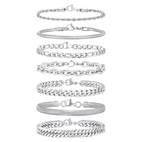 VNOX 5-7 Pcs Men Women Stainless Steel Curb Width Chain Bracelet Set 6.5-9 Inches