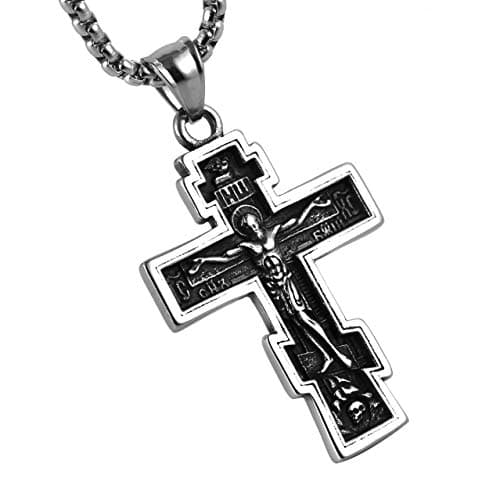 HZMAN Vintage Orthodox Cross Crucifix Necklace, Silver Gold Black, 22+2 Inches Chain