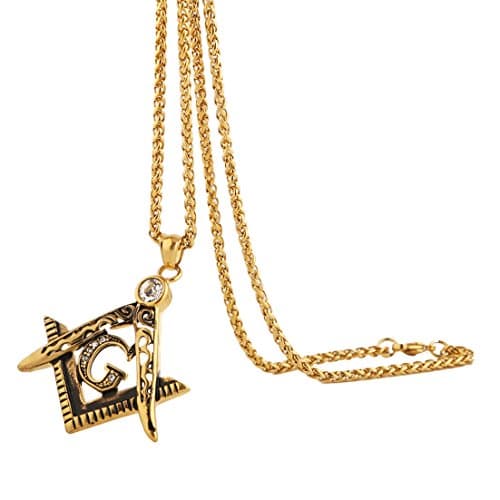 HZMAN Freemason Symbol Stainless Steel Pendant Necklace with Cubic Zirconia