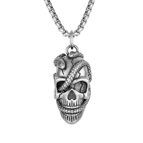 Raymard Men's Gothic Snake Skull Necklace, Stainless Steel Punk Pendant, 24" Chain