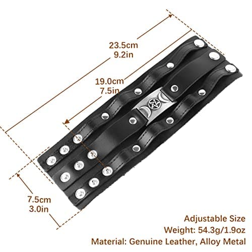 HZMAN Black Leather Viking Inspired Wide Cuff Bracelet for Men