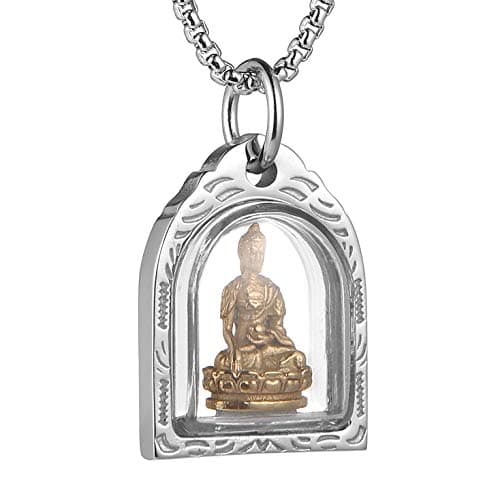HZMAN Vintage Stainless Steel Tibetan Amitabha Buddha Pendant Necklace