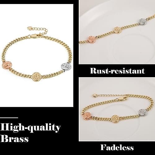 HZMAN 14K Gold Plated Virgin Mary Bracelet for Women - Adjustable Cuban Chain Link