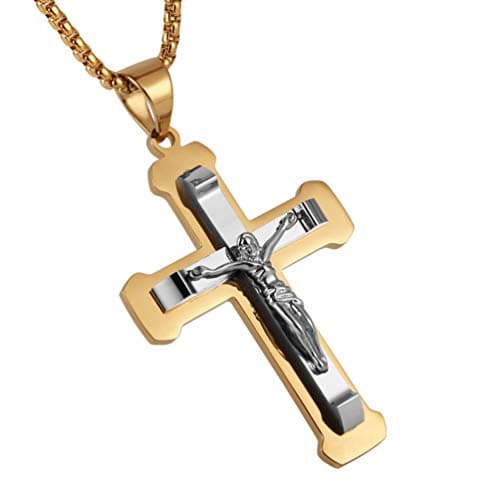 HZMAN Stainless Steel Cross Pendant Necklace for Men, Silver Gold Black Multicolor, 22 Inch Chain