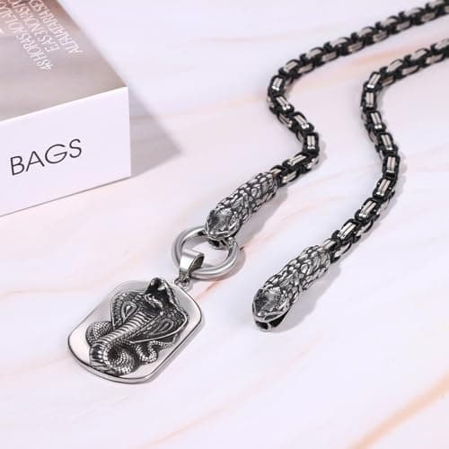 Men's Viking Snake Necklace: Vintage Double-Headed Snake Pendant Stainless Steel Norse Amulet Jewelry (Silver)