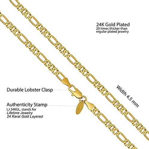 Swiss Diamond Cut Figaro Chain Necklaces - 24k Real Gold Plated