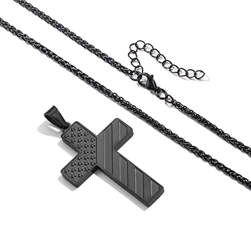 DuoDiner Graduation Gift: 18+2 Inch Cross Necklace with Bible Verse & American Flag Pendant for Men & Boys