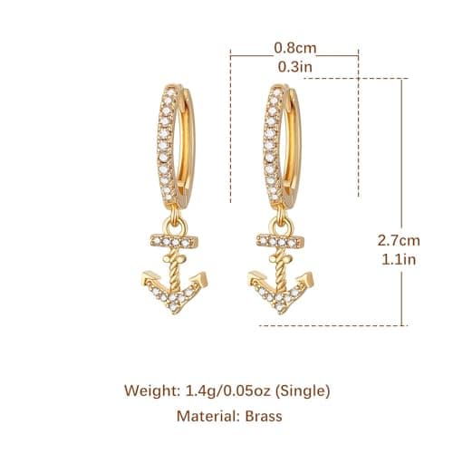 HZMAN 14K Gold Plated Cubic Zirconia Nautical Anchor Earrings for Women