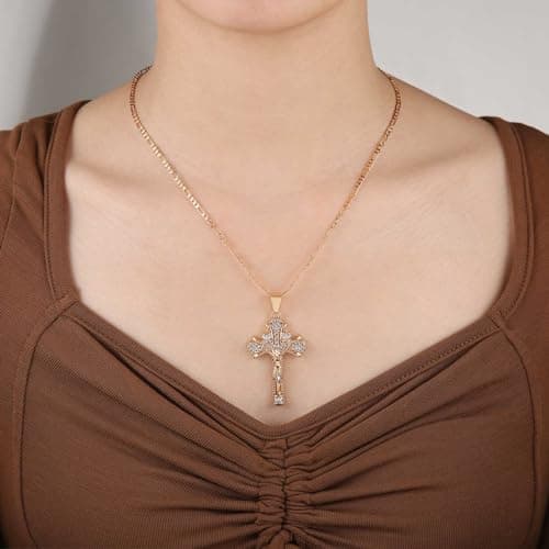 HZMAN 14K Rose Gold Plated Cubic Zirconia Cross Pendant Faith Jewelry for Men & Women