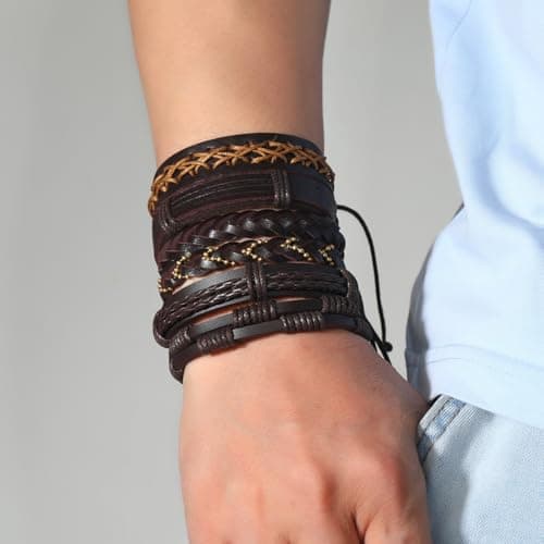 MONAZEO Woven Cuff Bracelets for Men & Women with Wood Beads & Hemp Cords Set