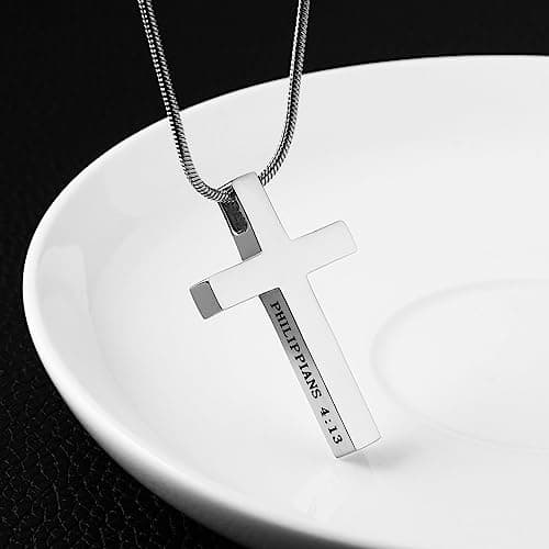 HZMAN Cross Pendant Stainless Steel Necklace with Philippians 4:13 Bible Verse
