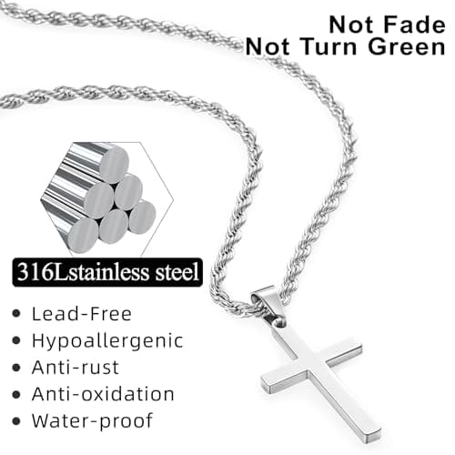 Romass Men's Silver & Black Layered Cross Necklace, Stainless Steel Pendant 18-24 Inches