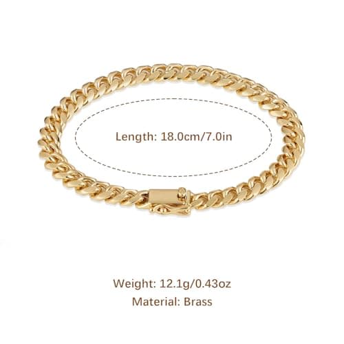HZMAN Solid Brass Gold Plated 5.5mm Cuban Chain Bracelet - 7.0 Inch