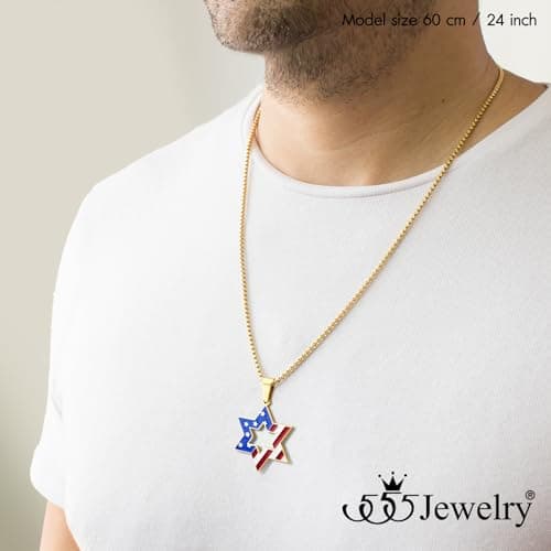 Stainless Steel Star of David & US Flag Necklace, 16-24" Chain