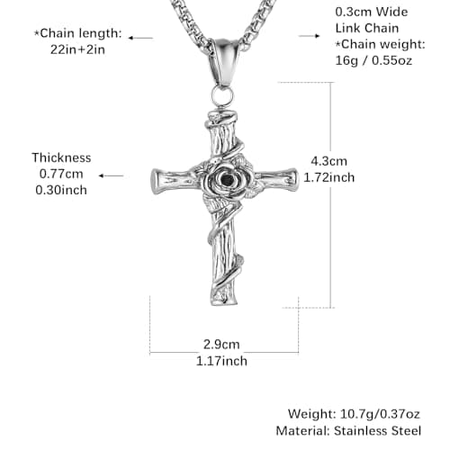 HZMAN Stainless Steel Rose Cross Necklace - Gothic Pendant Birthday Gift