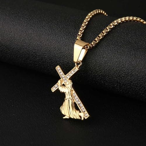 HZMAN Men's Gold Stainless Steel Crucifix Necklace with Jesus Pendant