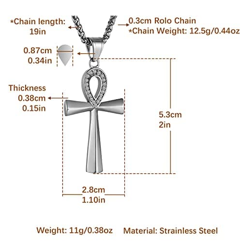 HZMAN Stainless Steel Coptic Ankh Cross Pendant Necklace, 22+2 Rope Chain
