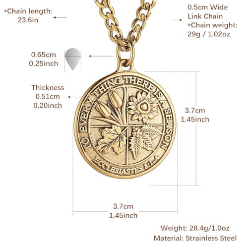 HZMAN Men's Stainless Steel Coin Necklace with Retro Ecclesiastes Bible Verse Pendant Jewelry Gift