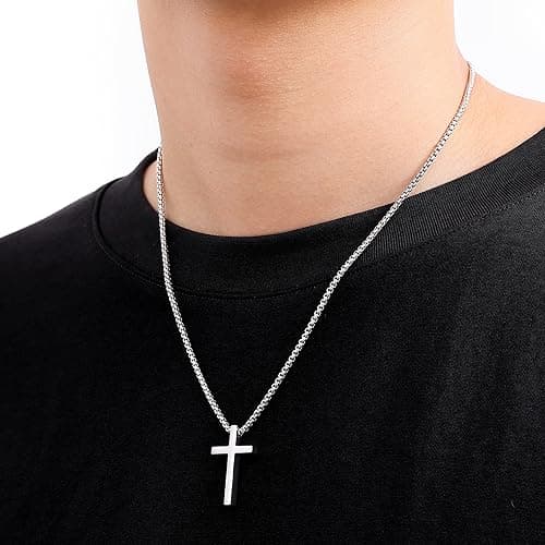 Fiusem Men's Silver/Gold/Black Cross Necklaces 2.5mm Chain, 16-24 Inch Box Chain