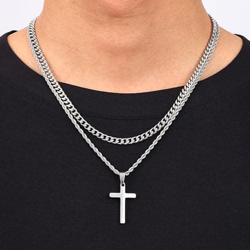 Fiusem Layered Mens Cross Necklace, Stainless Steel Pendant Rope Chain 16-26 Inch