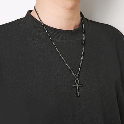 HZMAN Stainless Steel Coptic Ankh Cross Pendant Necklace, 22+2 Rope Chain