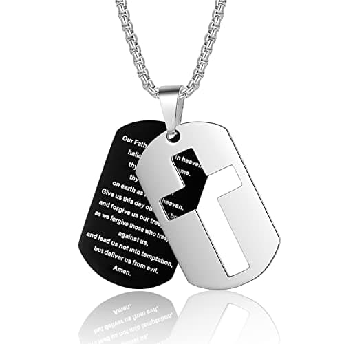 ZRAY Men's Stainless Steel Chain Dog Tag Necklace with Bible Verse Cross Pendant