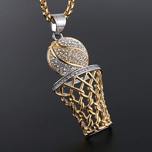 HZMAN Basketball Hoop Necklace for Men Boy Stainless Steel 18K Gold Plated Cubic Zirconia Sports Pendant