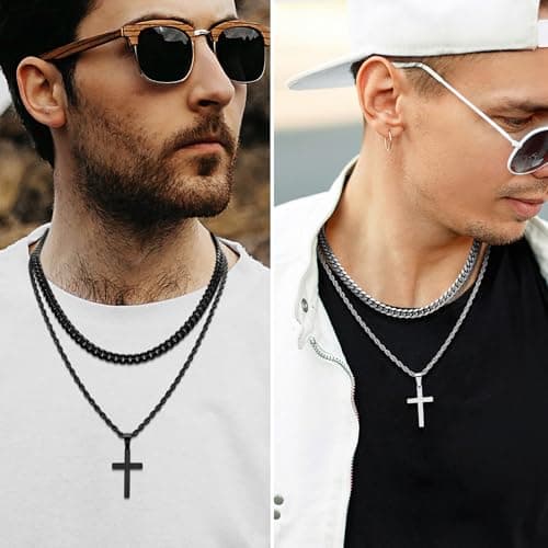 Romass Men's Silver & Black Layered Cross Necklace, Stainless Steel Pendant 18-24 Inches