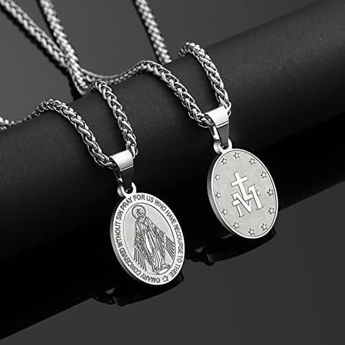 Apsvo Oval Catholic Saints Pendant Medallion, Stainless Steel Wheat Chain 24 Inches