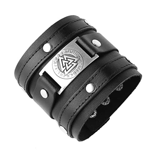 HZMAN Black Leather Viking Cuff Bracelet for Men Jewelry Gift