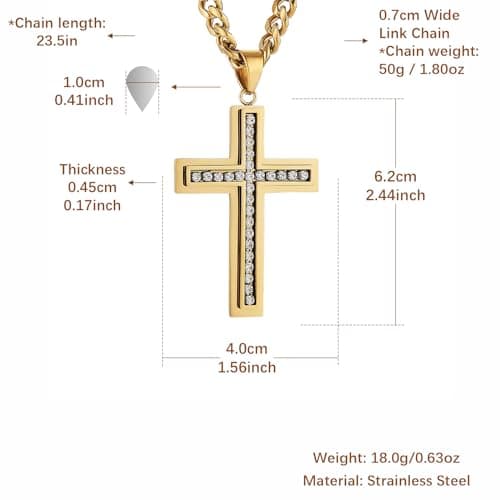 Men's Stainless Steel Cross Pendant Necklace with Cubic Zirconia Inlay and Cuban Chain