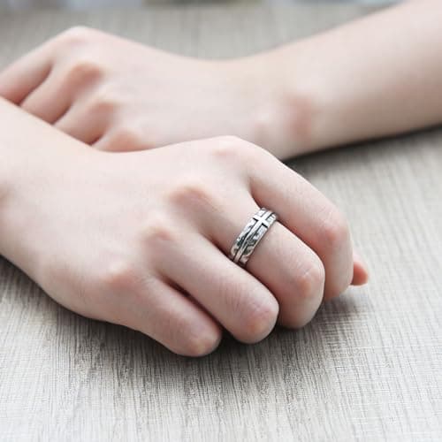 HZMAN Men's Stainless Steel Retro Hammered Cross Ring 6.5mm Wide Stackable Band Jewelry Gift