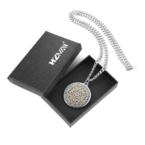 HZMAN Men's Stainless Steel Seal of Solomon Necklace - Retro Hexagram Talisman Pendant Gift