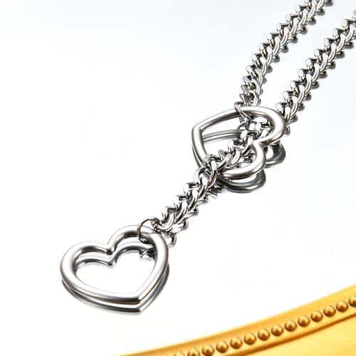 Qitian Men's Punk Gothic Stainless Steel Y-Necklace, Adjustable Heart O-Ring Necklace