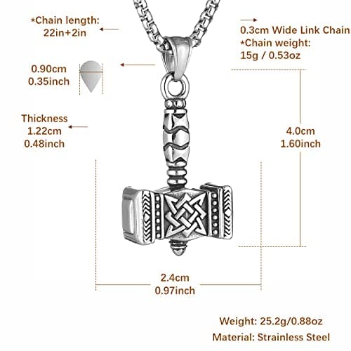 HZMAN Stainless Steel Thor Hammer Pendant Necklace 22+2 Inch Chain