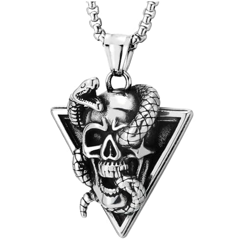 COOLSTEELANDBEYOND Punk Rock Triangle Snake Skull Pendant Necklace, 30 inches