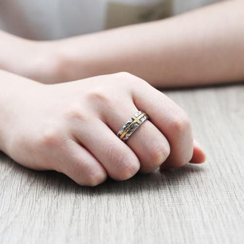 HZMAN Men's Stainless Steel Retro Hammered Cross Ring 6.5mm Wide Stackable Band Jewelry Gift