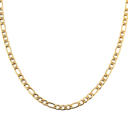 HZMAN Unisex 24k Real Gold Plated Stainless Steel Figaro Chain Necklace