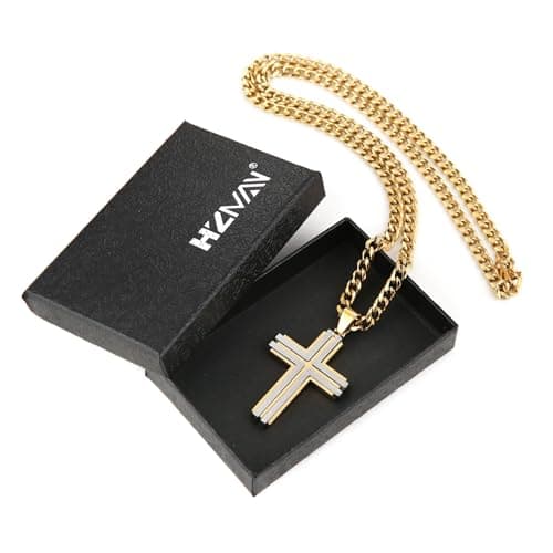HZMAN Men's Stainless Steel Double Layer Cross Necklace Pendant Christian Faith Jewelry with 24Inch Chain