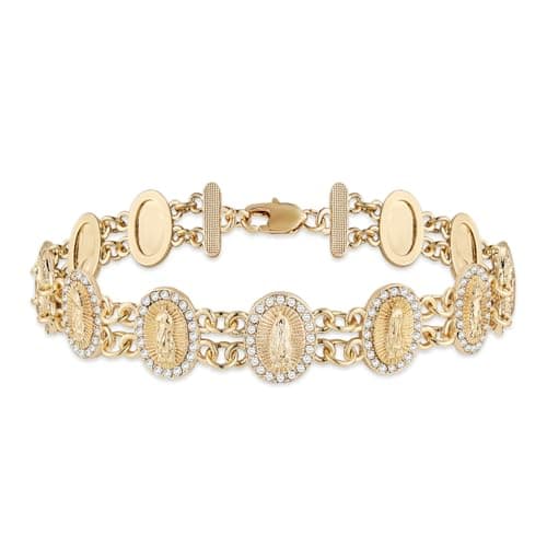 Women's Religious Virgin Mary Bracelet with Cubic Zirconia-Lined Our Lady of Guadalupe Links