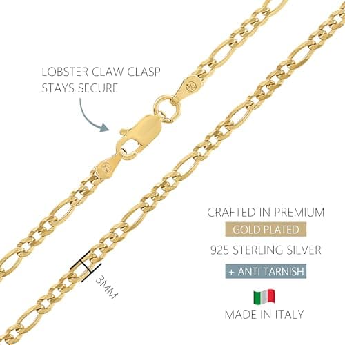 18K Gold Over Sterling Silver 3mm Figaro Link Chain Necklace - for Men & Women