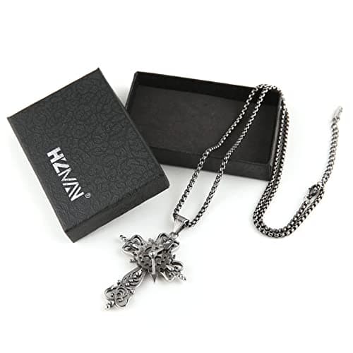 Men's Silver Cross Necklace Stainless Steel Gear Steampunk Pendant